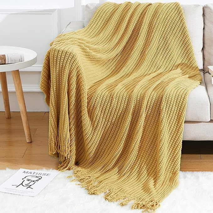 Blagic Knitted Throw Blanket for Couch Soft Farmhouse Boho Throw Blanket with Tassels Home Decorative Lightweight Throw Blankets,Mustard Yellow Throws for Bed/Chair/Sofa, Wheat Textured,50" W x 60" L
