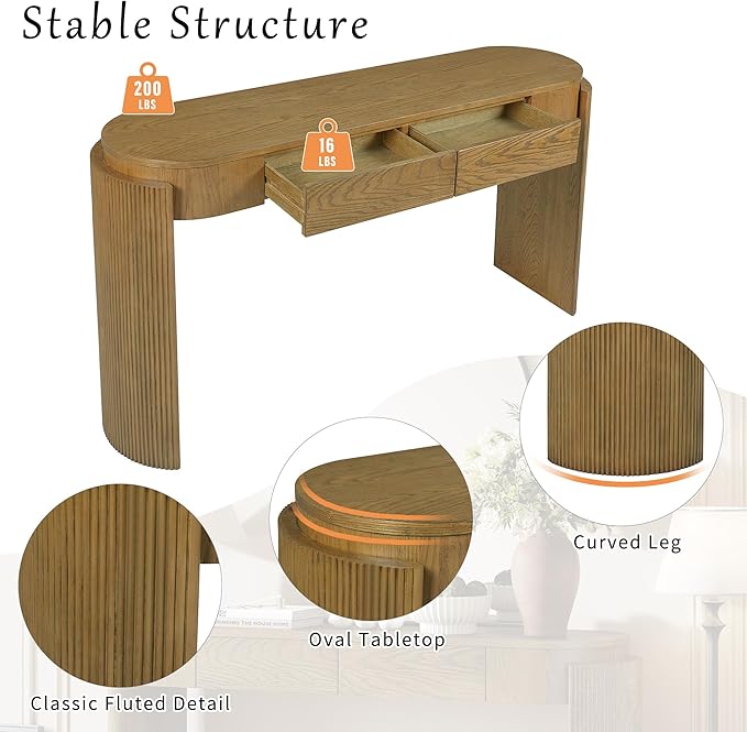 55" Sofa Table with Oval Top and 2 Drawers, Entryway Console Table with Fluted Design for Hallway,Foyer,Entry and Living Room (Fully Assembled-Pine Wood)
