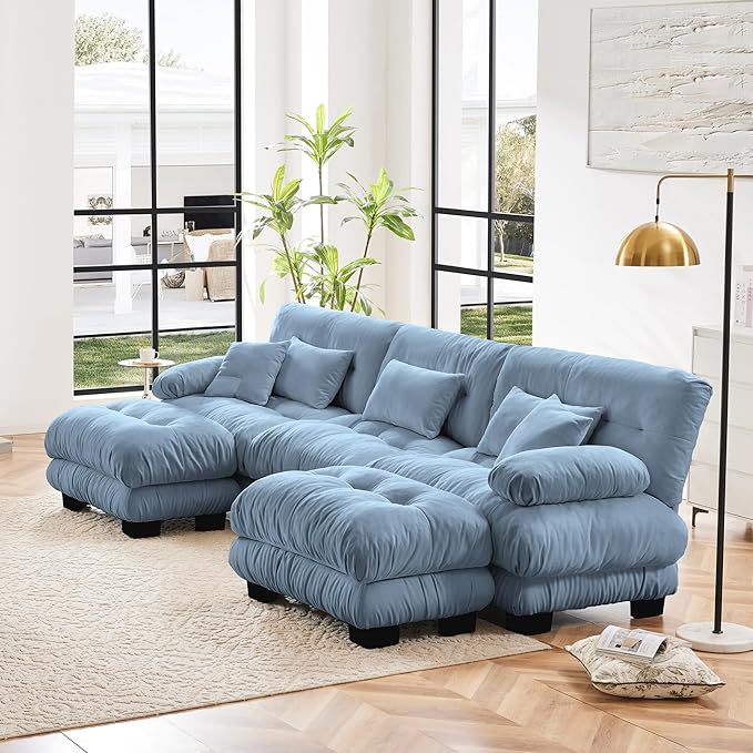 Modular Sectional Sofa, Comfy Cloud Couch 3 Seater Couch with Ottoman, Sectional Couches for Living Room, Modern Chenille U Shaped Couches, Sleeper Deep Seat Sofa with Throw Pillows, Blue