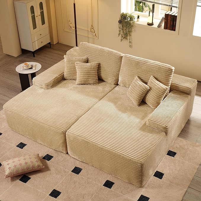 ovios 81" Oversized Sectional Double Lounge Chaise with Cloud Plush Sofa Bed, No Assembly Required, Fluffy Modern Sleeper Loveseat Chair for Indoor Living Room Bedroom Reading, Beige (Plush Fabric)