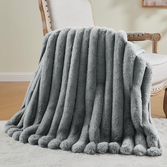 BEDELITE Faux Fur Throw Blanket for Couch, Soft and Cozy Luxurious 3D Striped Fluffy Blanket, 770GSM Thick Warm Plush Fuzzy Faux Rabbit Fur Blanket for Women Gift (Crey, 50"x 60")