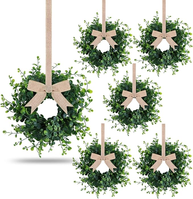 6 Pcs Mini Green Boxwood Candle Rings Wreaths Green Kitchen Cabinet Wreath 3 Inch Wedding Candle Holder for Front Door Porch Outside All Season Wedding Home Tabletop Decoration