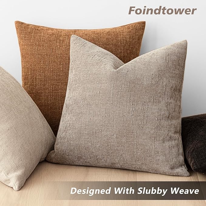 Foindtower Set of 2 Soft Textured Chenille Throw Decorative Pillow Covers Square Accent Solid Cushion Cover Cozy Neutral Farmhouse Pillow Case for Couch Sofa Bedroom Living Room 22x22 Inch,Light Taupe