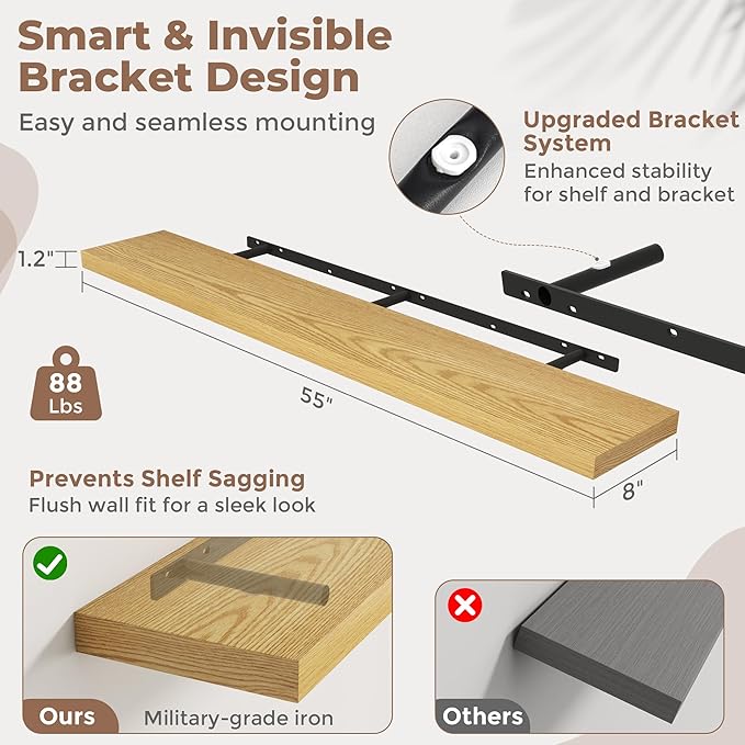 55 Inch Floating Shelves for Wall Set of 2, 8"D Wood Grain Bathroom Shelves with Invisible Brackets, Easy Install Engineered Wood Storage Shelves for Kitchen, Living Room, Bedroom, Oak Finish