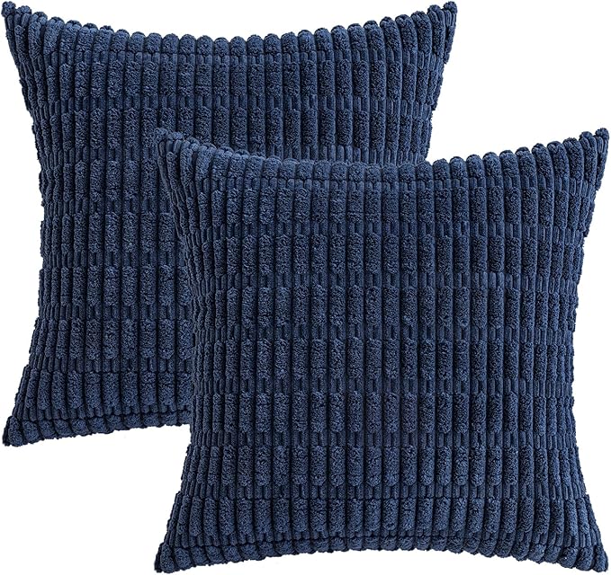 MIULEE Pack of 2 Corduroy Decorative Euro Sham Throw Pillow Covers 22x22 Inch Soft Boho Striped Pillow Covers Modern Farmhouse Home Decor for Summer Coastal Sofa Living Room Couch Bed Dark Blue