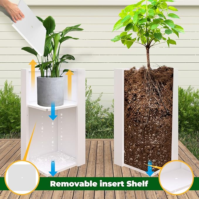 White Steel Metallic Heavy Planter for Outdoor Plants Box 14"x14"x30" Metal Planter Spliced Flower Pots with Partitions for Outside,Indoor,Garden (White, 14 * 14 * 30)
