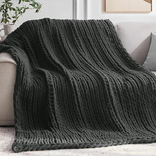 Chunky Knit Throw Blanket, 30''*40'' Knitted Throw Chenille Yarn for Bed Couch, Handmade Dark Grey Crochet Big Thick Blanket, Machine Washable Cute Comfy Blanket for Home Decor