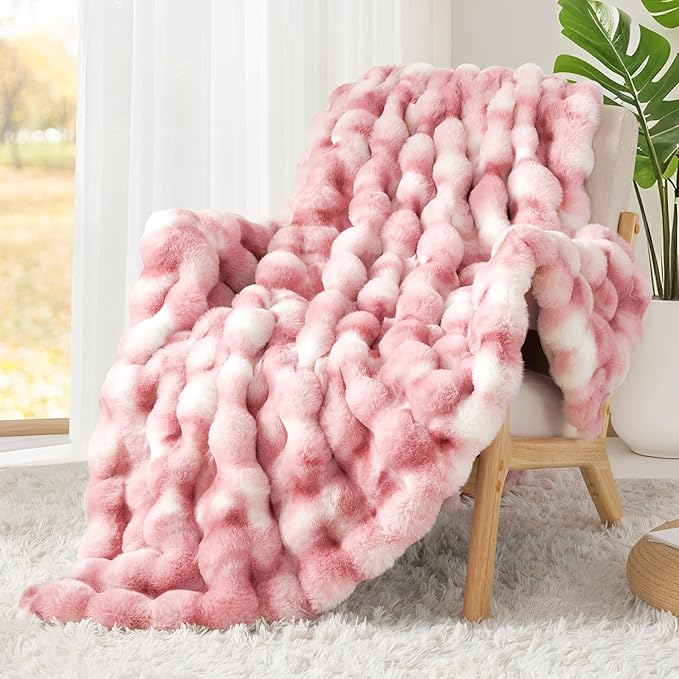 Luxury 1000GSM Faux Rabbit Fur Throw Blanket for Woman, Super Heavy Warm Cozy Blankets for Her for Couch Bed Sofa, Bubble Plush Fuzzy Elegant Soft Reversible Mink Blanket for Living Room Bedroom, Pink