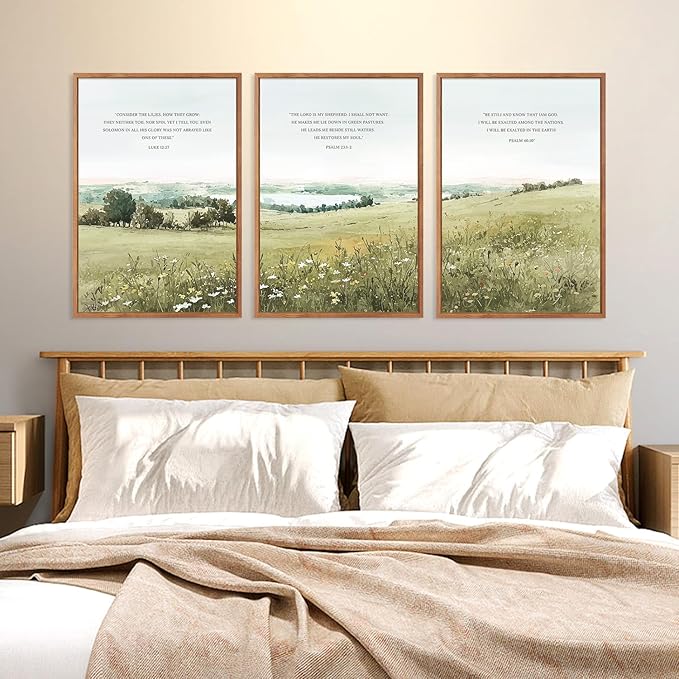 KAIRNE Scripture Christian Canvas Wall Art,Bible Verse Prints Set of 3(16”X24”),Modern Scripture Floral Wall Decor,Framed Green Countryside Field Paintings for Living Room Bedroom Ding Room Decor