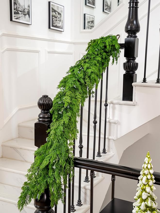 6FT Cedar Garland with Blue Berry Cypress Pine Garland Realistic for Mantle Stairs Fireplace Wall Window Front Door Indoor Outdoor Christmas Decor Xmas Decorations