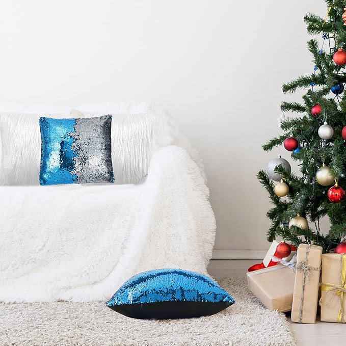 Irenare 4 Pcs Sequin and Fluffy Pillow Covers Winter Throw Pillow Cases Soft Cushion Cover for Couch Bed Sofa Xmas Day(18 x 18 Inch,White, Silver-Blue)