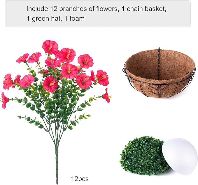 Artificial Faux Hanging Plants Flowers Basket for Outdoor Outside Spring Summer Decoration, Silk Morning Glory in Planter UV Resistant Look Real Fake Flower for Porch Patio Balcony Home Yard, Hot Pink