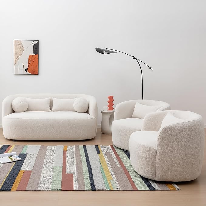 KINWELL 34" Wide Boucle Swivel Barrel Chairs Set of 2, No Assembly Round Upholstered Armchairs Accent Chairs Single Sofa Chair with Toss Pillow for Living Room and Bedroom, Beige