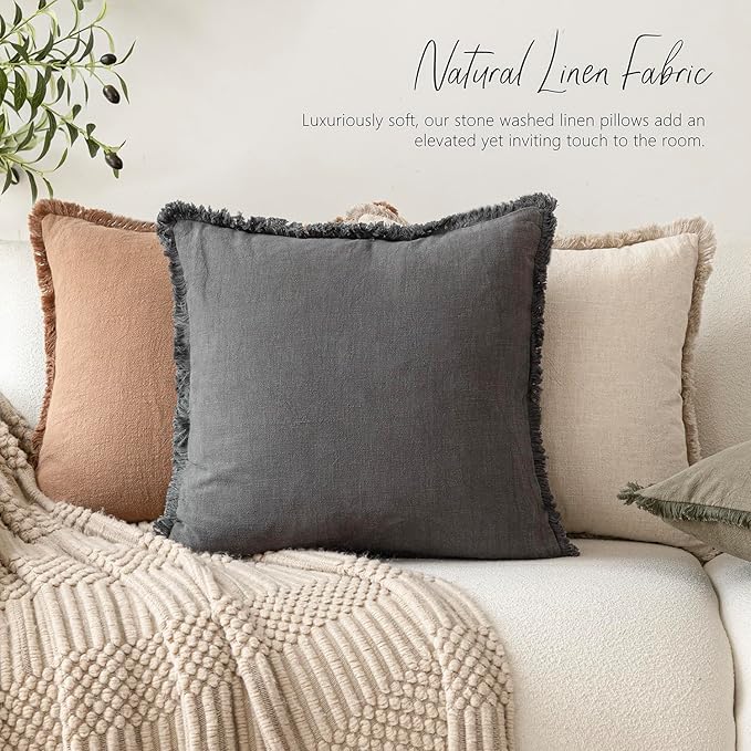 Foindtower Decorative Linen Fringe Throw Pillow Covers Cozy Boho Farmhouse Cushion Cover with Tassels Soft Accent Pillowcase for Chair Sofa Bed Living Room Home Decor, 22×22 Inch, 1PC, Gray