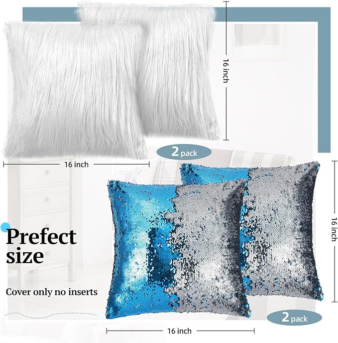 Irenare 4 Pcs Sequin and Fluffy Pillow Covers Winter Throw Pillow Cases Soft Cushion Cover for Couch Bed Sofa Xmas Day(18 x 18 Inch,White, Silver-Blue)