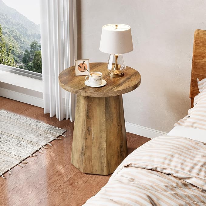 Tribesigns Round Pedestal End Table, Farmhouse Couch Side Table with Octagonal Base, Nightstand Accent Wooden Drink Stand (1, Rustic Brown)