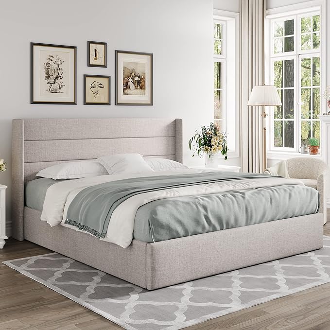 Allewie King Size Lift Up Storage Bed, Modern Wingback Headboard, Hydraulic Support, No Box Spring Needed, Light Beige