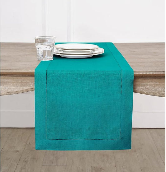 Solino Home Linen Teal Table Runner 72 Inches Long - 100% Pure Linen Hemstitch Table Runner 14 x 72 Inch for Dresser, Dining, Fall, Autumn, Halloween, Thanksgiving - Classic Hemstitch