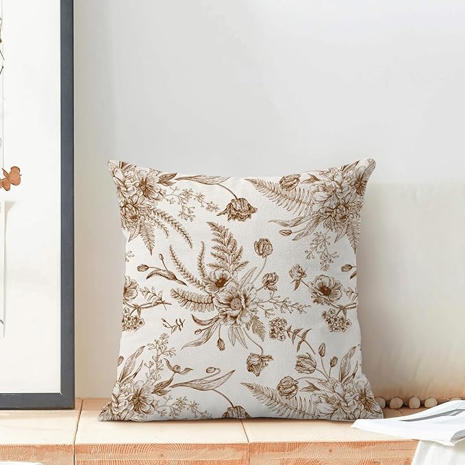CXMEIFLY Spring Floral Leaves Pillow Covers 20 x 20 Inch Set of 2 for Chinoiserie Flowers Decor Throw Pillows Brown and White Seasonal Plant Outdoor Decorative Cushion Cases for Couch Bed Decorations