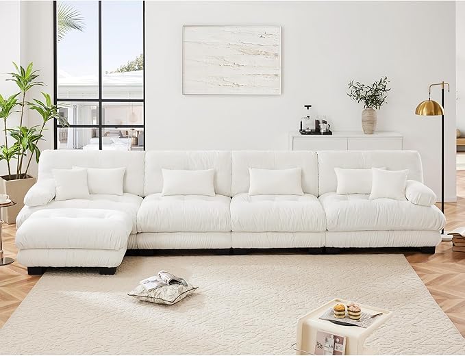 Modern L-Shaped Couch, 4-Seater Cloud Couch with Round Bolster Armrests, Oversized Loveseat Sectional Sofa, Chenille Fabric, White