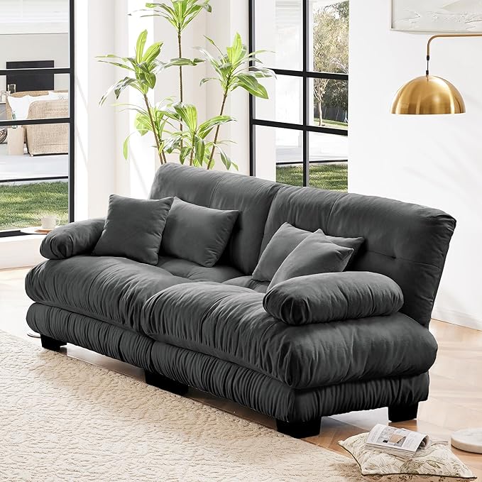 Loveseat Modular Sectional Sofa, Cloud Couch 2 Seater Sectional Couch Home Sofa Living Room Oversized Couch, Modern Deep Seat Couch with Chaise with Round Bolster Armrests 4 Pillows(Gray)