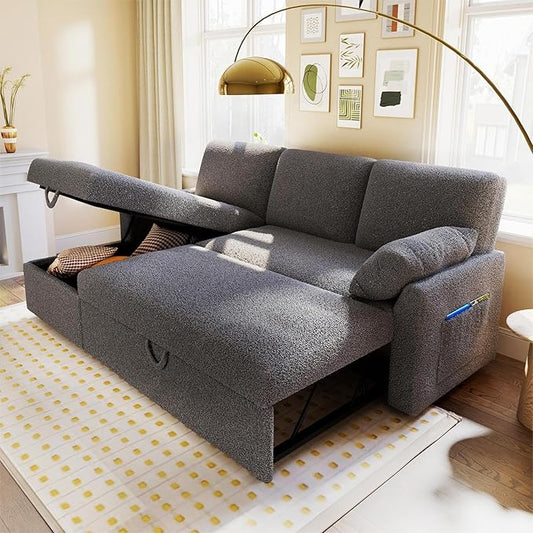 VanAcc Sofa Bed, Sleeper Sofa with Storage Chaise- 2 in 1 Pull Out Couch Living Room, Comfy Sleeper Couch, Grey Boucle