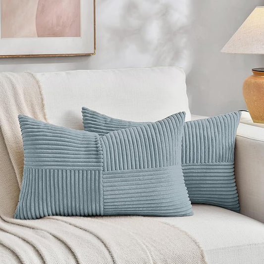 Fancy Homi Set of 2 Light Blue Long Lumbar Decorative Throw Pillow Covers 12x24 Inch for Couch Bed Sofa, Rustic Farmhouse Boho Home Decor, Soft Striped Corduroy Rectangle Accent Cushion Case 30x60 cm