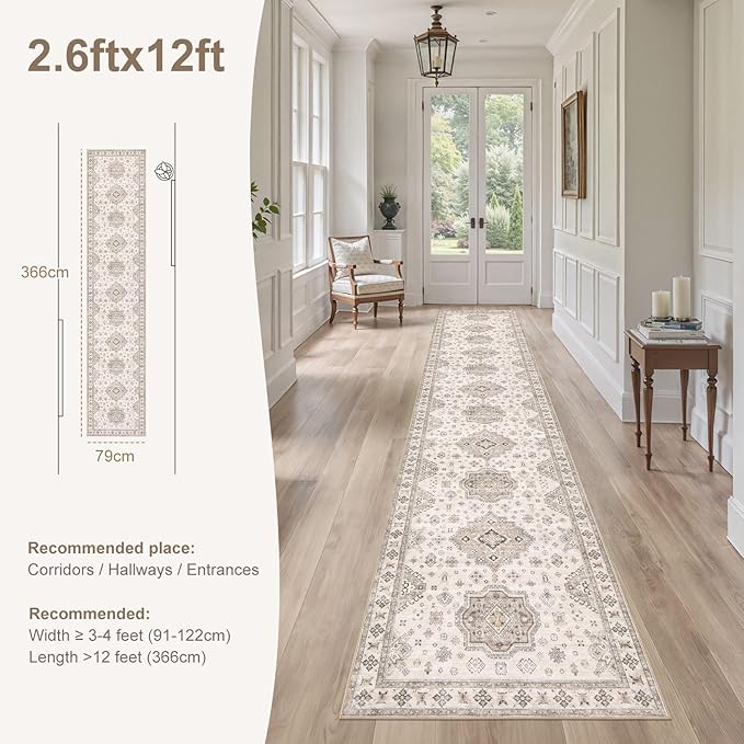 Washable 2.6x12 Runner Rug - Area Rugs Neutral Vintage Distressed Floral Farmhouse Boho Large Soft Floor Rug Indoor Carpet for Hallway Entryway Kitchen Home - Beige Brown