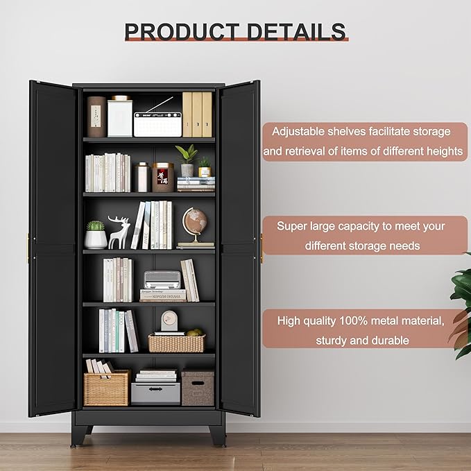 Kitchen Pantry Storage Cabinet with Doors and Adjustable Shelves, Metal ClosetMaid Food Pantry Cabinets, 75" Tall Freestanding Cupboard for Kitchen, Laundry or Utility Room, Black