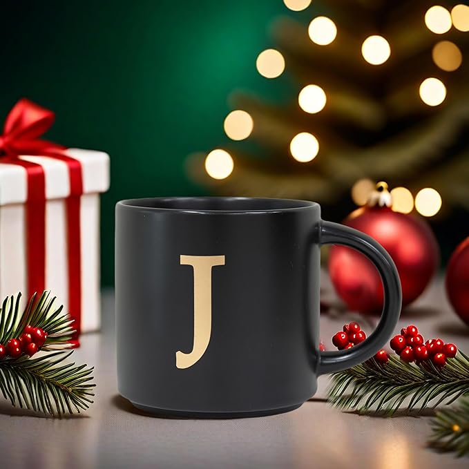 COLLECTIVE HOME - Monogram Ceramic Mugs, 15 oz Golden Initial Black Coffee Cups, Elegant Alphabet Tea Mugs, Elegant Personalized Mug with Gift Box, Unique Mug with Double Side Capital Lette (J)