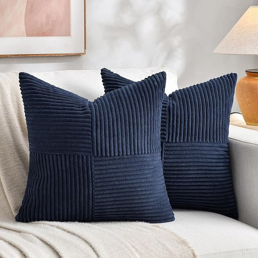 Fancy Homi 2 Packs Navy Blue Decorative Throw Pillow Covers 16x16 Inch for Living Room Couch Bed, Rustic Farmhouse Boho Home Decor, Soft Corss Patchwork Corduroy Textured Square Cushion Case 40x40 cm