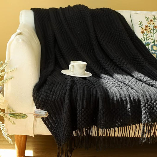 Blagic Knitted Throw Blanket for Couch, Bed and Sofa. Super Soft Blanket with Tassels, Black Throw Blanket, 60 x 80 Inches Lightweight & Cosy Home Decor