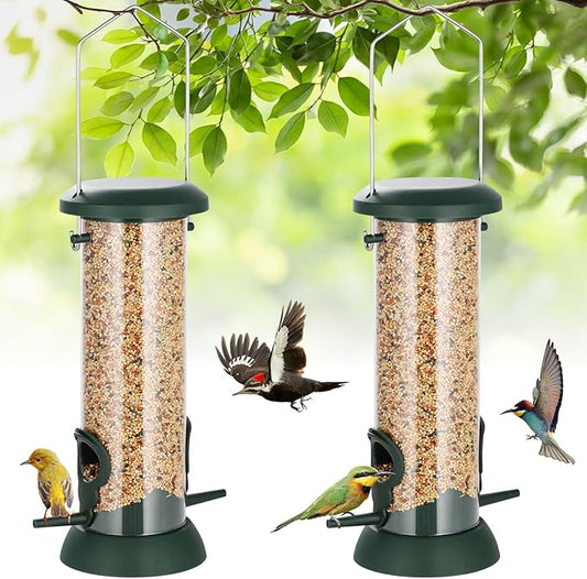 FEED GARDEN 2 Pack Tube Bird Feeders for Outdoors Hanging, Premium Hard Plastic Wild Bird Feeders with 2 Ports, Small Bird Feeder Easy-Refill&Clean, Gifts for Mom Woman, 8.5 Inch Green