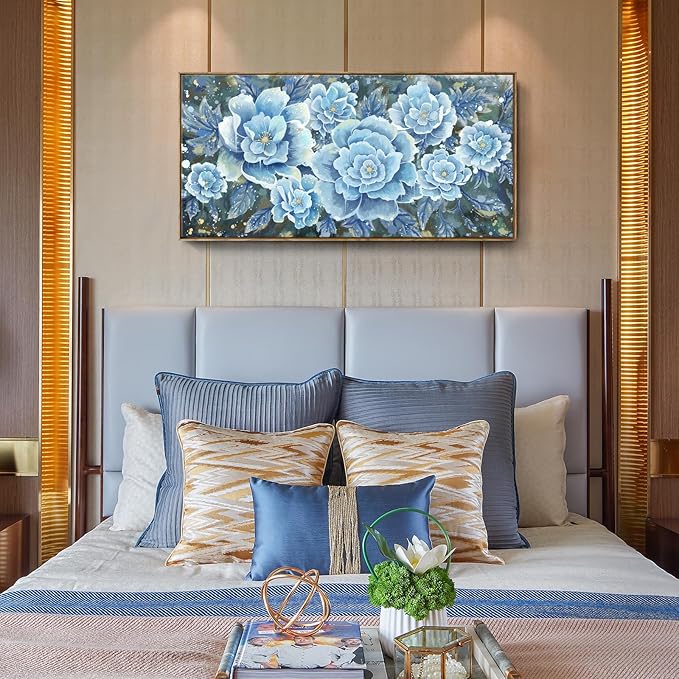Large Blue Wall Art Decor Modern Framed Wall Picture for Living Room Bedroom Office Decor Floral Canvas Art Prints Botanical Wall Picture Abstract Peony Flower Horizontal Artwork Ready to Hang 48x24