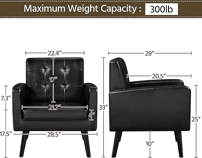 Yaheetech Mid-Century Accent Chairs, PU Leather Modern Upholstered Living Room Chair, Cozy Armchair Button Tufted Back and Wood Legs for Bedroom/Office/Cafe Black