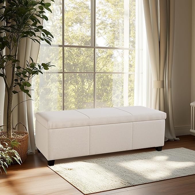 BELLEZE 47 Inch Storage Ottoman, Linen Storage Bench for Bedroom, Living Room, Entryway, Hallway, Foot Rest, Support 300lbs - Beige