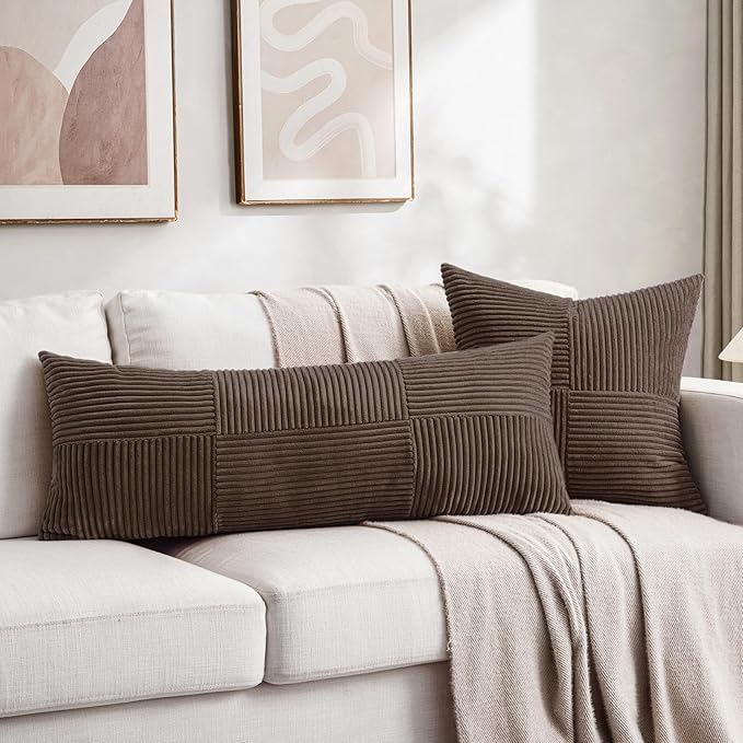 Fancy Homi Set of 2 Dark Brown Boho Long Lumbar Body Decorative Throw Pillow Cover 14x36 Inch for Bed Couch Bedroom Bench, Soft Patchwork Corduroy Textured Pillow Case, Rustic Farmhouse Room Décor