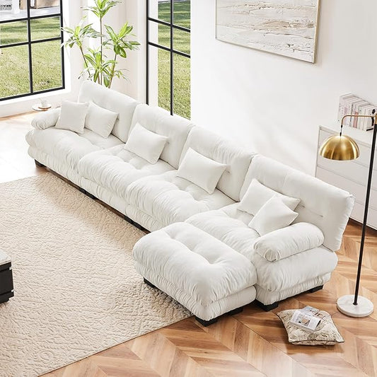 Modern L-Shaped Couch, 4-Seater Cloud Couch with Round Bolster Armrests, Oversized Loveseat Sectional Sofa, Chenille Fabric, White