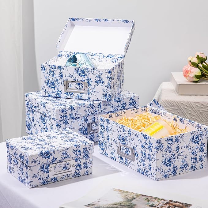 Briful Blue and white Porcelain Storage Boxes, Photos Storage Boxes with Lids 4 in 1 Set Water-proof Gift Boxes Sets Decorative Multiple Size Storage Bins for Clothes/Shoes/Office/Cosmetic/Books