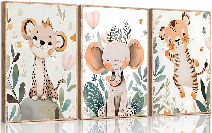 3 Pcs Safari Animals Nursery Canvas Wall Art Jungle Animals Cheetah Elephant Tiger Kids Room Illustration Pictures Wall Decor Posters Print Artwork for Classroom Boy's Girl's Room Bedroom