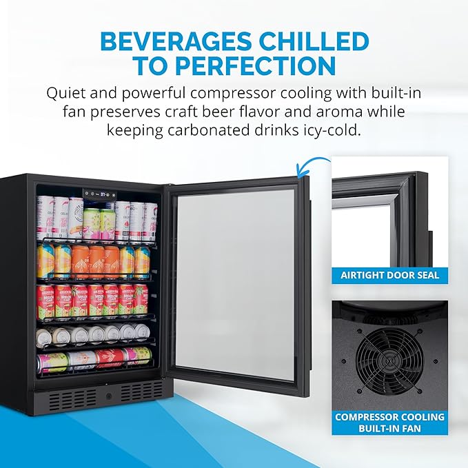 Newair 24" Beverage Refrigerator 177 Can Capacity, Black Stainless Steel Mini Fridge with Built-in Cooler and Glass Door, Cool your Soda, Beer, and Beverages to 37F