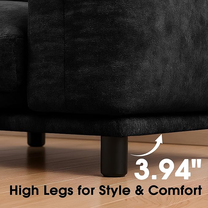 Modern Minimalist Chenille Modular Sectional Sofa, Deep-Seat 3-Seater L-Shaped Couch with Movable Ottoman and Thick Cushions, Upholstered Sofa for Living Room, Bedroom, Office, Apartment(Black L Sofa)