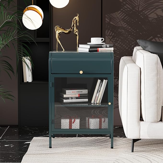 Modern Metal Side Tables Set of 2, End Tables with Glass Door, 2-Tier Nightstands with Storage Shelves, Accent Table, Slim Sofa Table for Living Room, Bedroom (Green)