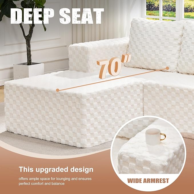 Hobestluk Modular Sectional Sofa Memory Foam Couch Sofa Bed Loveseat with Chaises Cloud Couch with Removable Cover Large Sectional Couches for Living Room (Plush White, Sofa Bed)