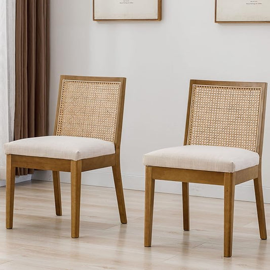 VESCASA Upholstered Dining Chairs with Square Rattan Back, Armless Padded Linen Cushion Dining Chairs with Wood Legs for Dining Room, Kitchen, Set of 2, Natural Frame