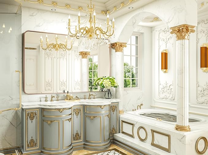 55 x 36 Inch Metal Framed Bathroom Mirror for Wall, Purple Gold Bathroom Vanity Mirror with Ribbed Texture Frame Modern Minimalist Large Rectangle Wall Mounted Mirror (Horizontal/Vertical)