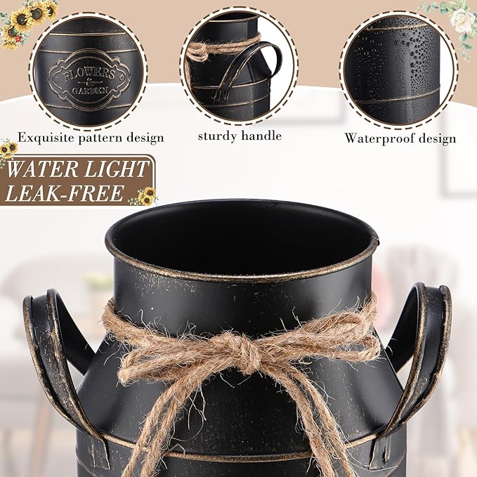 6 Inch Farmhouse Vase Decor Milk Can Vintage Flower Jug Galvanized Metal Vase with Handle Rustic Flower Buckets for Thanksgiving Christmas Table Centerpiece Weddings Gifts(Black,8 Pcs)