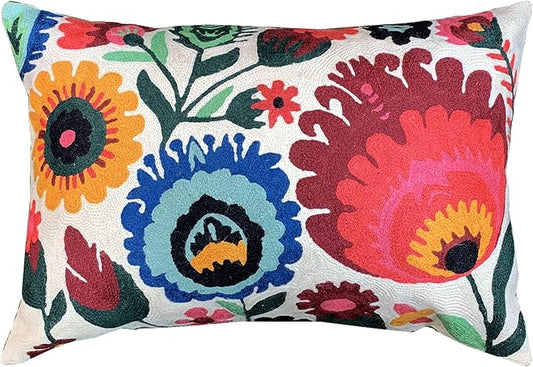 Lumbar Cream Floral Pillow Cover Polish Flower Accent Chair Pillowcase Couch Modern Farmhouse Couch Cushion Hand Embroidered Wool Size 14x20 Inch
