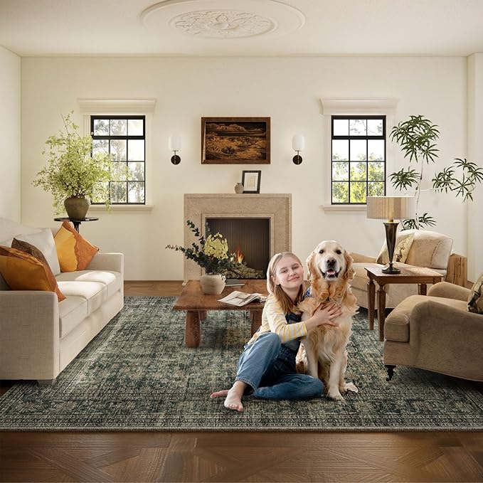 10x12 Area Rugs for Living Room: Large Washable Rugs Stain Resistant Non Slip Distressed Vintage Floral Rug Low Pile Faux Wool Soft Green Rugs for Bedroom Farmhouse Dining Room Kids Playroom Nursery