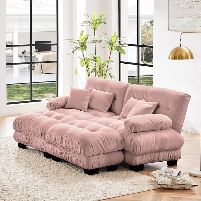 Loveseat Modular Sectional Sofa, U Shaped Couch with Ottoman, Cloud Couch Sectional Couch Home Sofa Living Room Oversized Couch Deep Seat Couch with Round Bolster Armrests 4 Pillows(Pink)